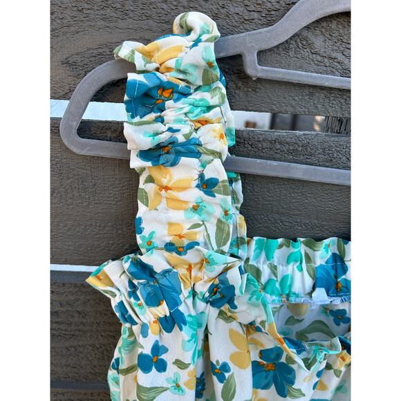 Mine Ruffle, Flowy, Ruched Tank Top,‎ Turquoise, Yellow, White, Size: Large - Picture 2 of 6